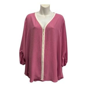 Chaus Pink Zip-Front Textured Top with Cream Trim size XL new